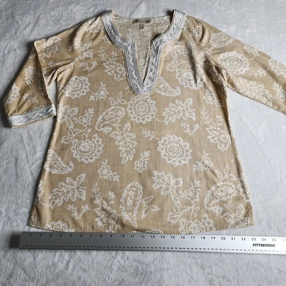 Womens Krazy Kat Lace V Neck Boho Floral Tunic Tan M White Cotton - Picture 15 of 16